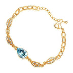 Water Drop-Shaped Ladies Bracelet 18K Yellow Gold Coated with Central Crystal and 4 Leaves Design