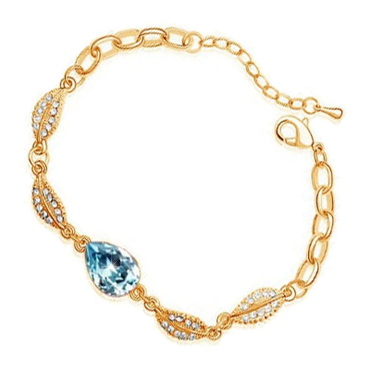 Water Drop-Shaped Ladies Bracelet 18K Yellow Gold Coated with Central Crystal and 4 Leaves Design