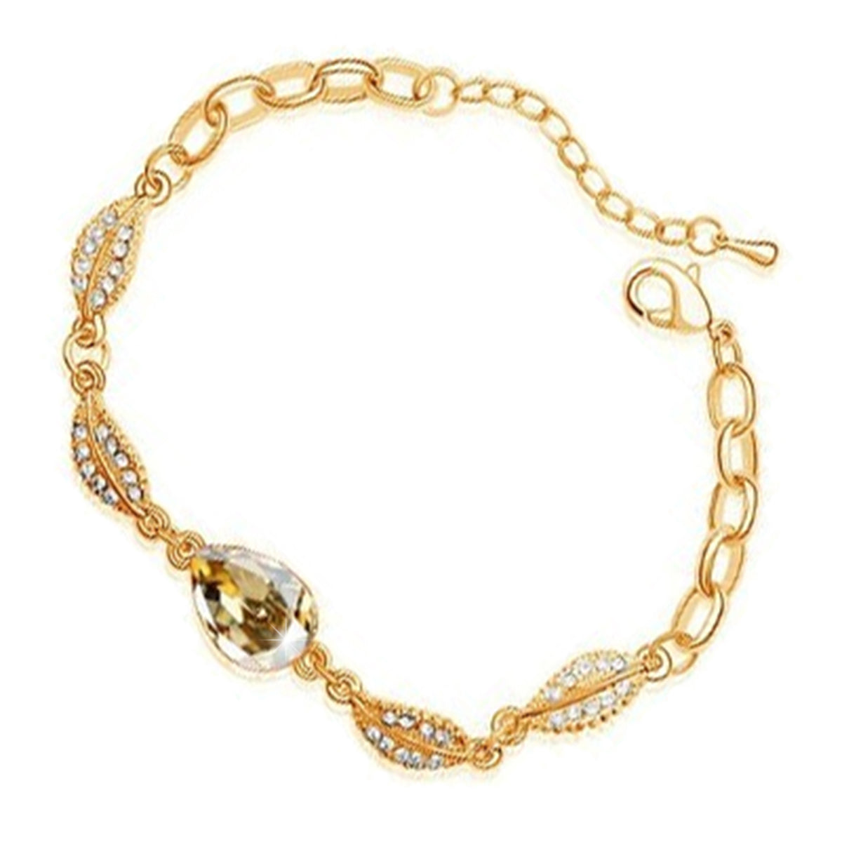 Water Drop-Shaped Ladies Bracelet 18K Yellow Gold Coated with Central Crystal and 4 Leaves Design