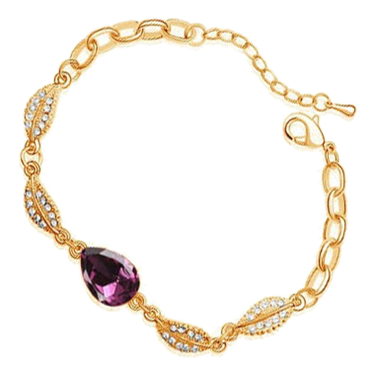 Water Drop-Shaped Ladies Bracelet 18K Yellow Gold Coated with Central Crystal and 4 Leaves Design