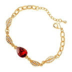 Water Drop-Shaped Ladies Bracelet 18K Yellow Gold Coated with Central Crystal and 4 Leaves Design