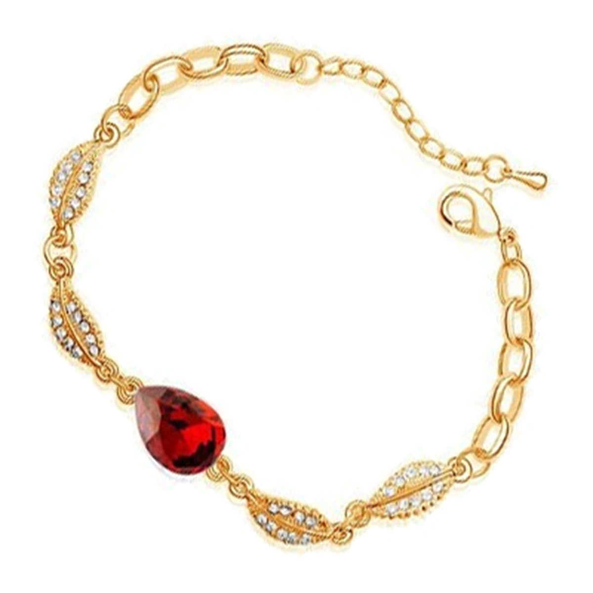 Water Drop-Shaped Ladies Bracelet 18K Yellow Gold Coated with Central Crystal and 4 Leaves Design