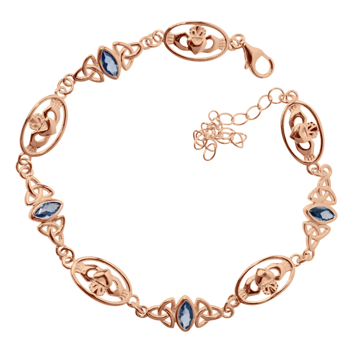 Irish Claddagh and Celtic Trinity Knot Bracelet 18K Rose Gold Coated with Marquise Crystal Links
