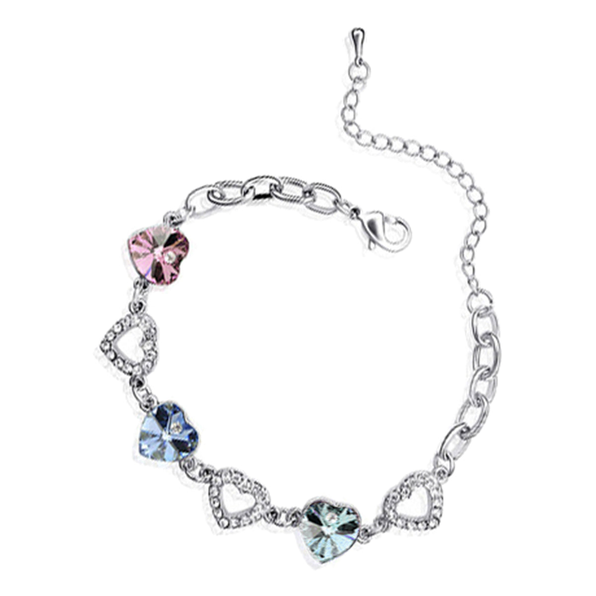 Heart-Shaped Crystal Charm Bracelet 18K White Gold Coated with Crystals and Diamond Clear Stones