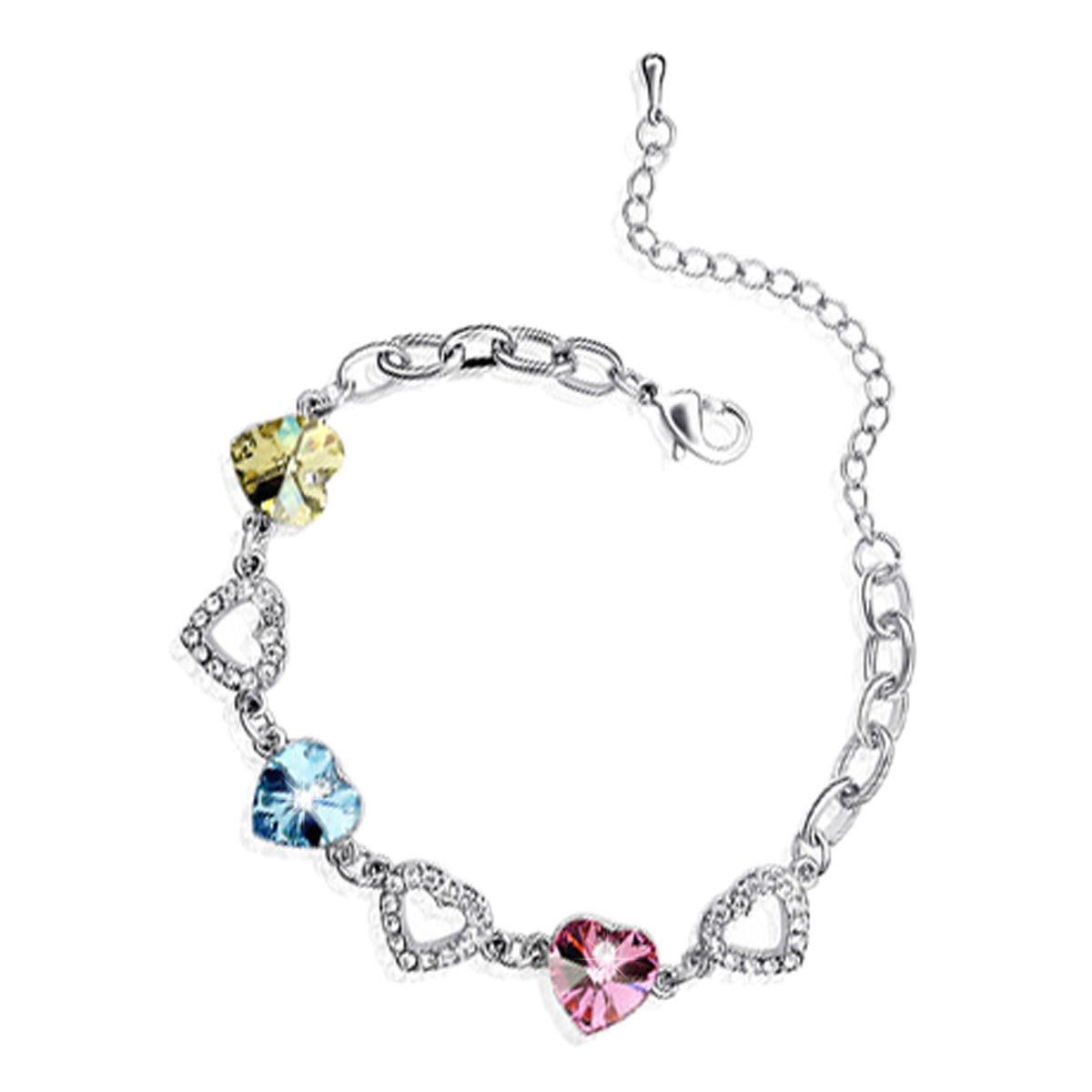 Heart-Shaped Crystal Charm Bracelet 18K White Gold Coated with Crystals and Diamond Clear Stones