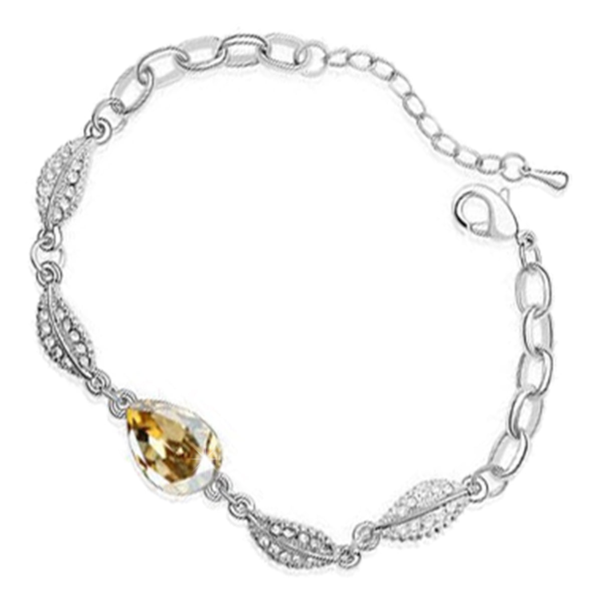 Water Drop-Shaped Ladies Bracelet 925 Sterling Silver Coated with Central Crystal and 4 Leaves Design