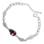 Water Drop-Shaped Ladies Bracelet 925 Sterling Silver Coated with Central Crystal and 4 Leaves Design