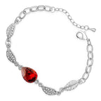 Water Drop-Shaped Ladies Bracelet 925 Sterling Silver Coated with Central Crystal and 4 Leaves Design