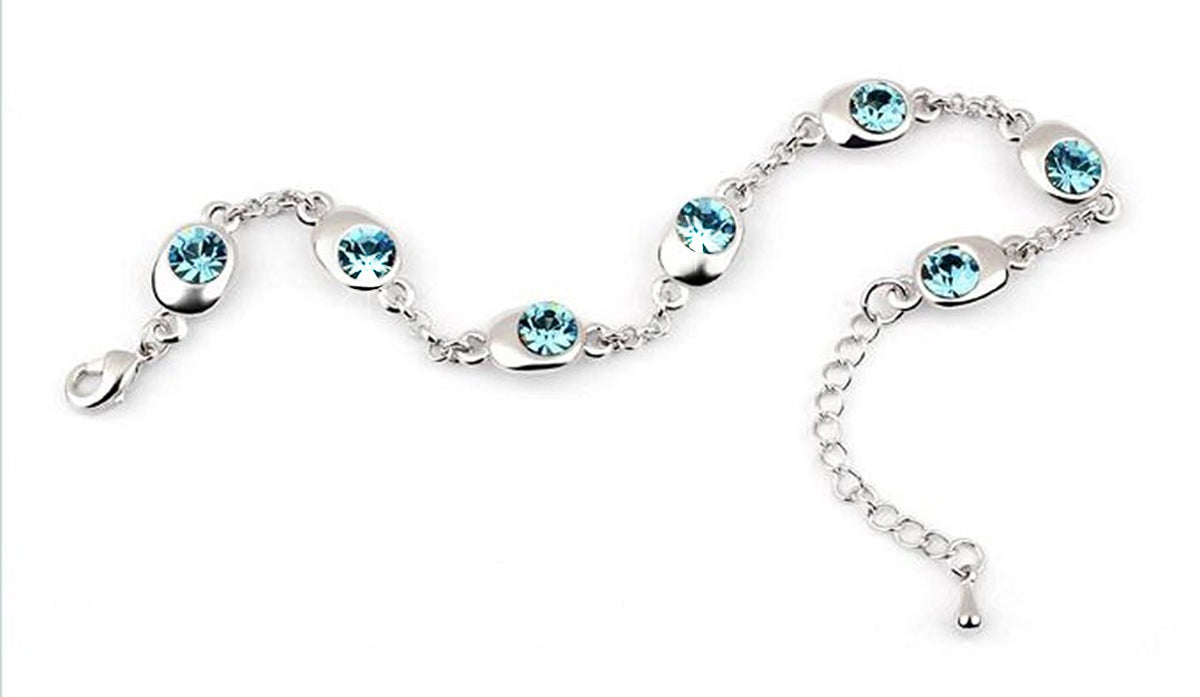 Ring Chain Charm Bracelet 925 Sterling Silver Coated with 7 AAA Crystals - Aquamarine Sea Blue