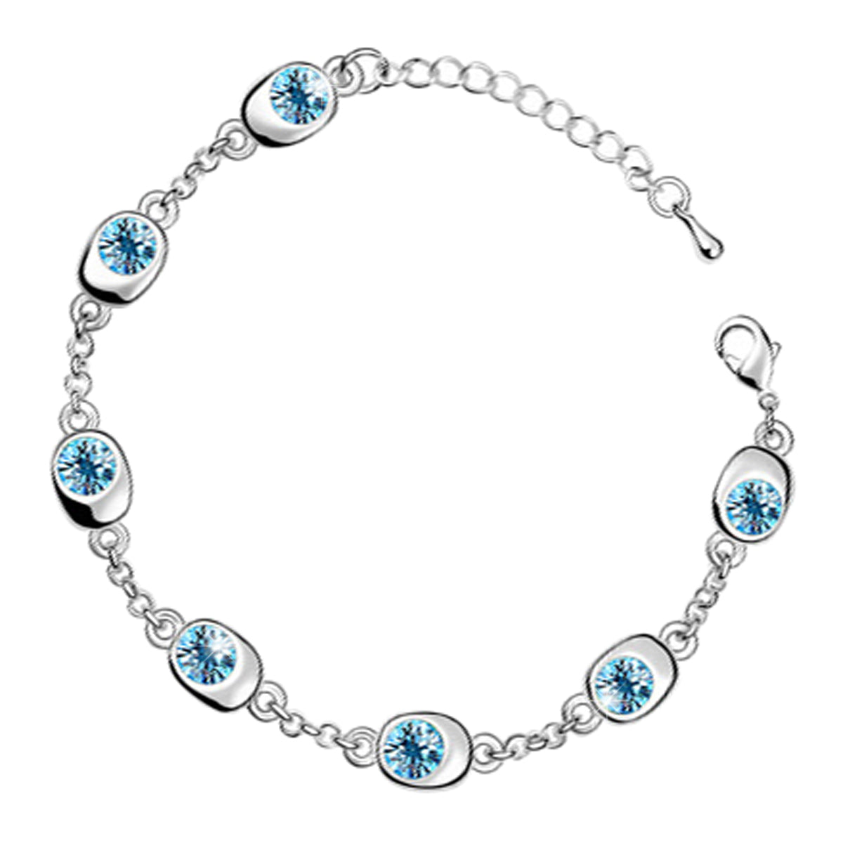 Ring Chain Charm Bracelet 925 Sterling Silver Coated with 7 AAA Crystals - Aquamarine Sea Blue