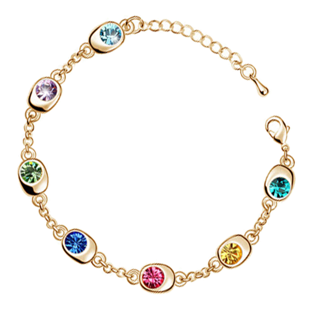 Ring Chain Charm Bracelet 925 Sterling Silver Coated with 7 AAA Crystals