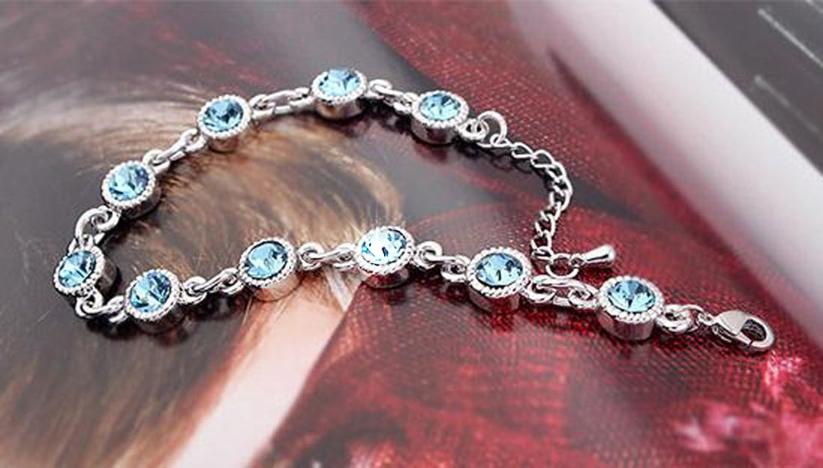 Round Zircon Chain Bracelet 925 Sterling Silver Coated with Diamond Clear Stone-Embellished Band - Aquamarine Sea Blue