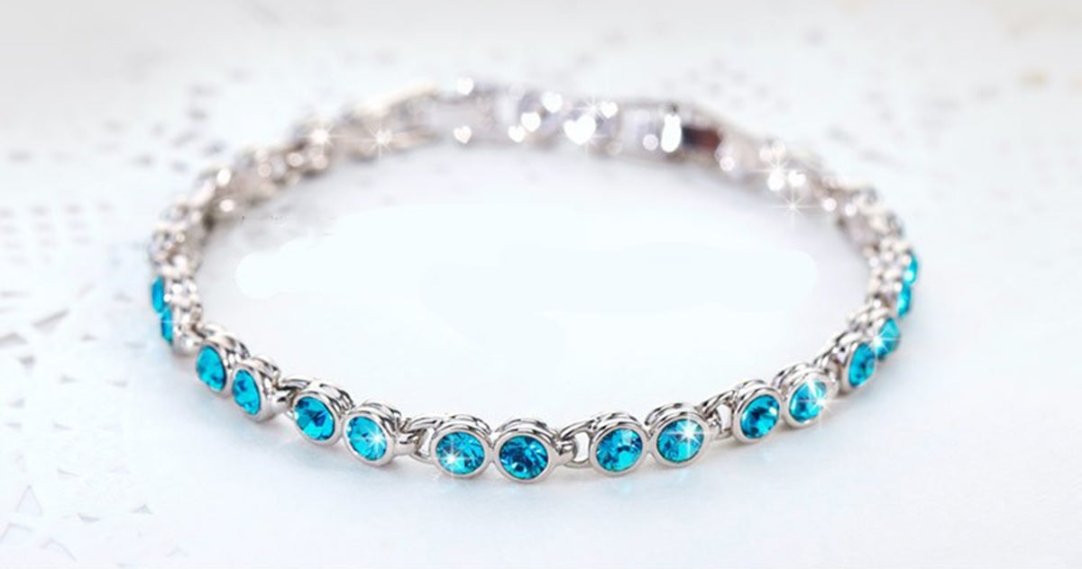 Sparkling Tennis Bracelet 925 Sterling Silver Coated with Crystals in Chain - Aquamarine Sea Blue