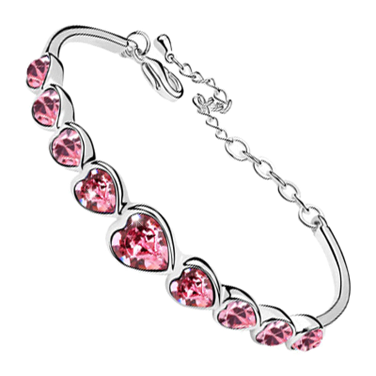 Cuff Bracelet 925 Sterling Silver Coated with Chain of Sparkling Crystal Hearts
