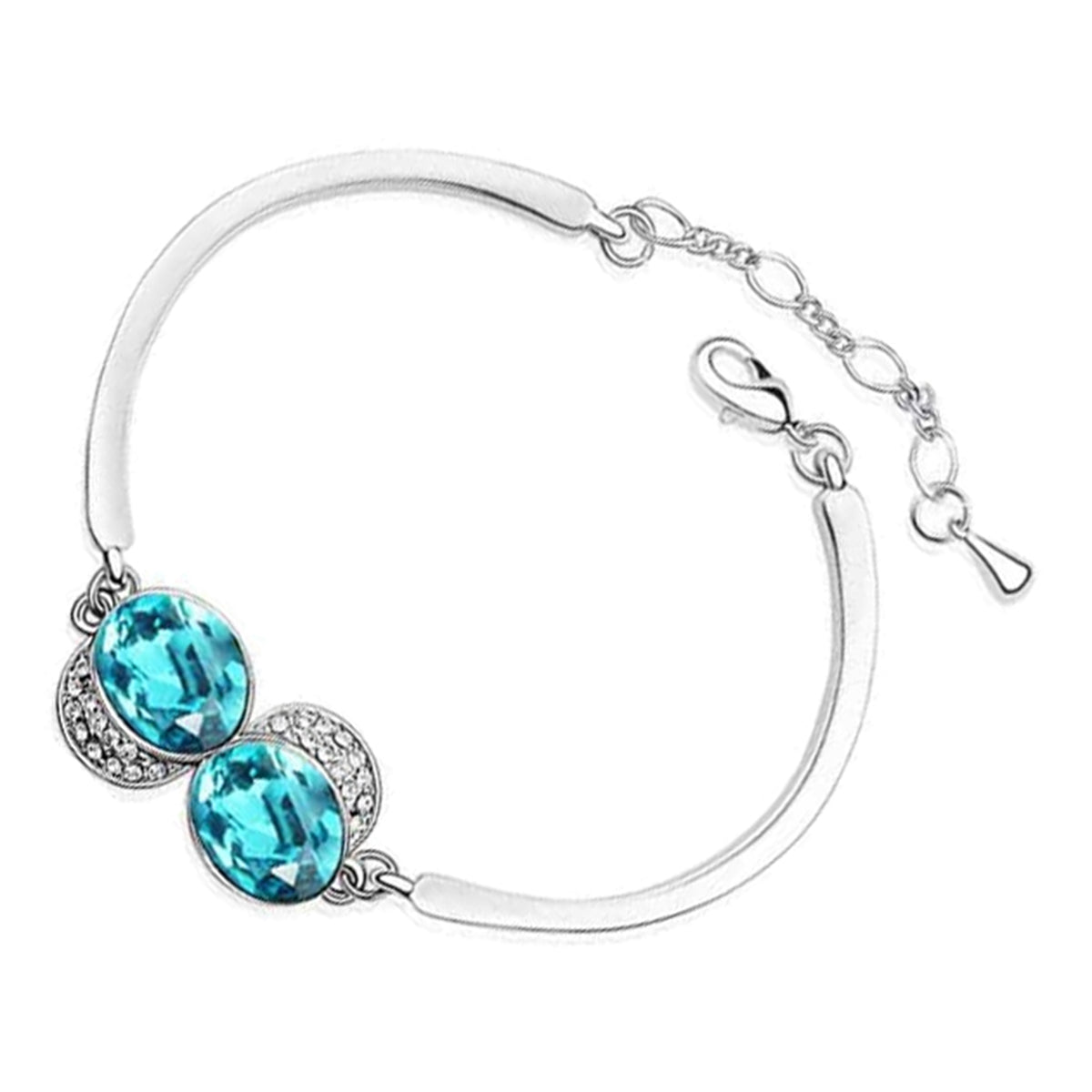 Cuff Bracelet 925 Sterling Silver Coated with 2 Oval Crystals and Stone-Adorned Adjustable Design
