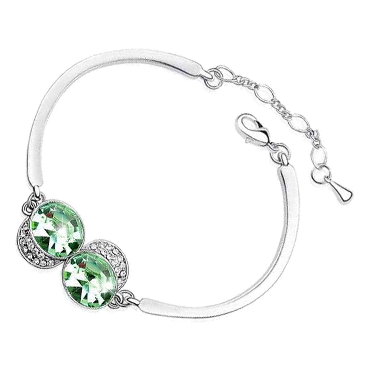 Cuff Bracelet 925 Sterling Silver Coated with 2 Oval Crystals and Stone-Adorned Adjustable Design