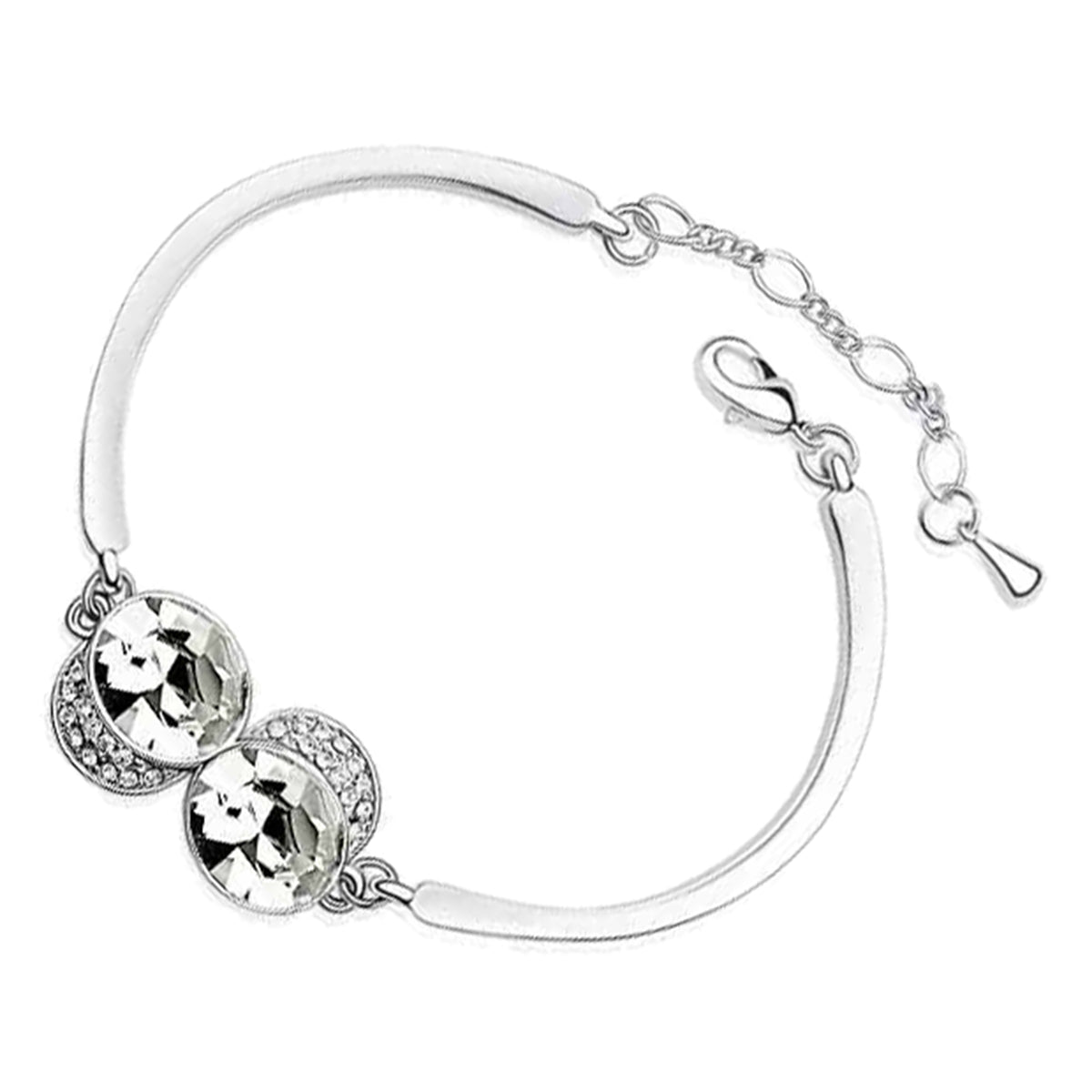 Cuff Bracelet 925 Sterling Silver Coated with 2 Oval Crystals and Stone-Adorned Adjustable Design