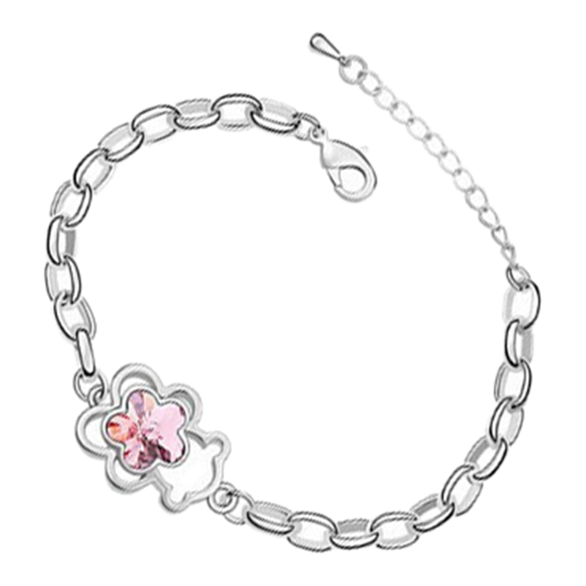 Crystal Flower Chain Bracelet 925 Sterling Silver Coated with Bear Animal Charm