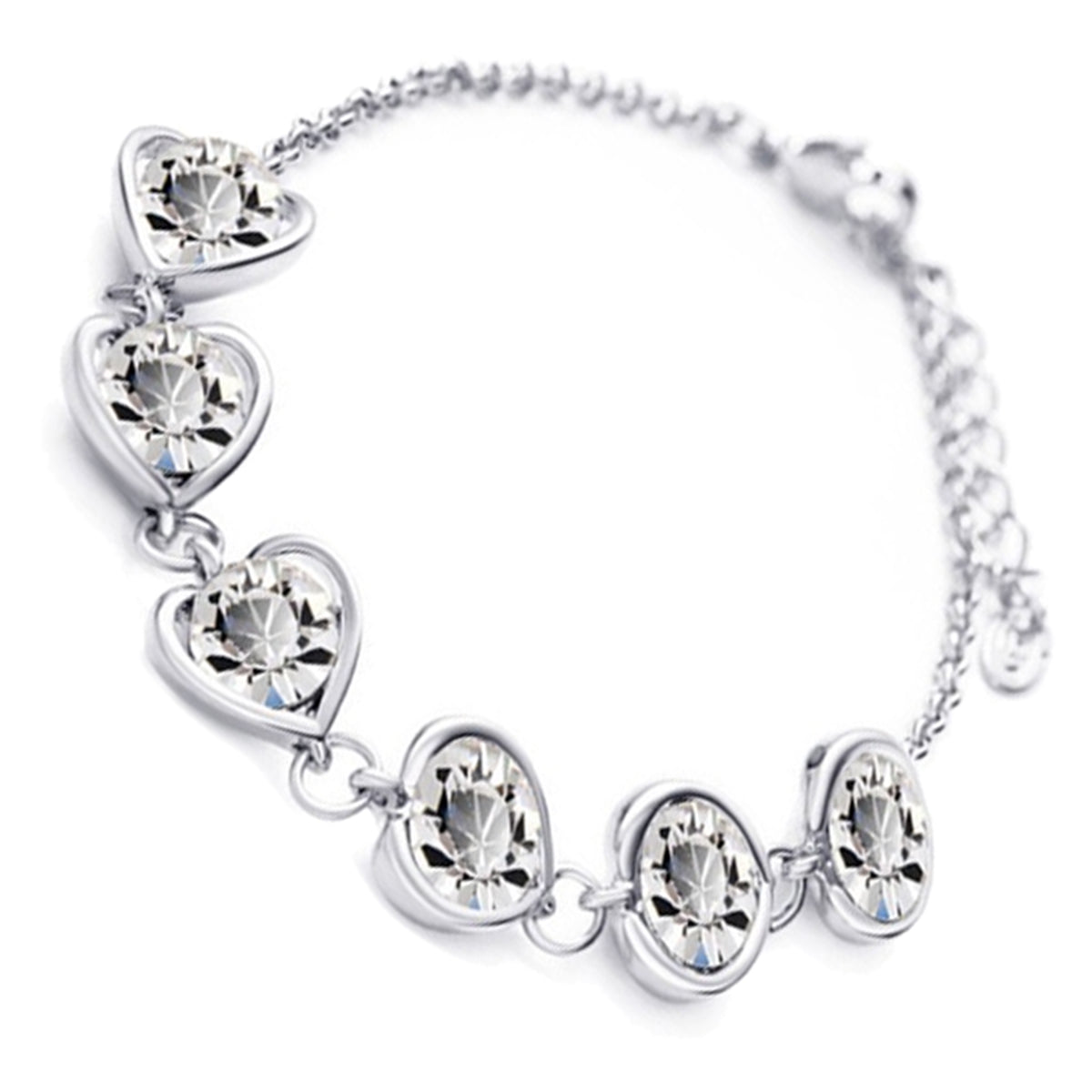 Heart-Framed Chain Bracelet 925 Sterling Silver Coated with 6 Round Cut Crystals