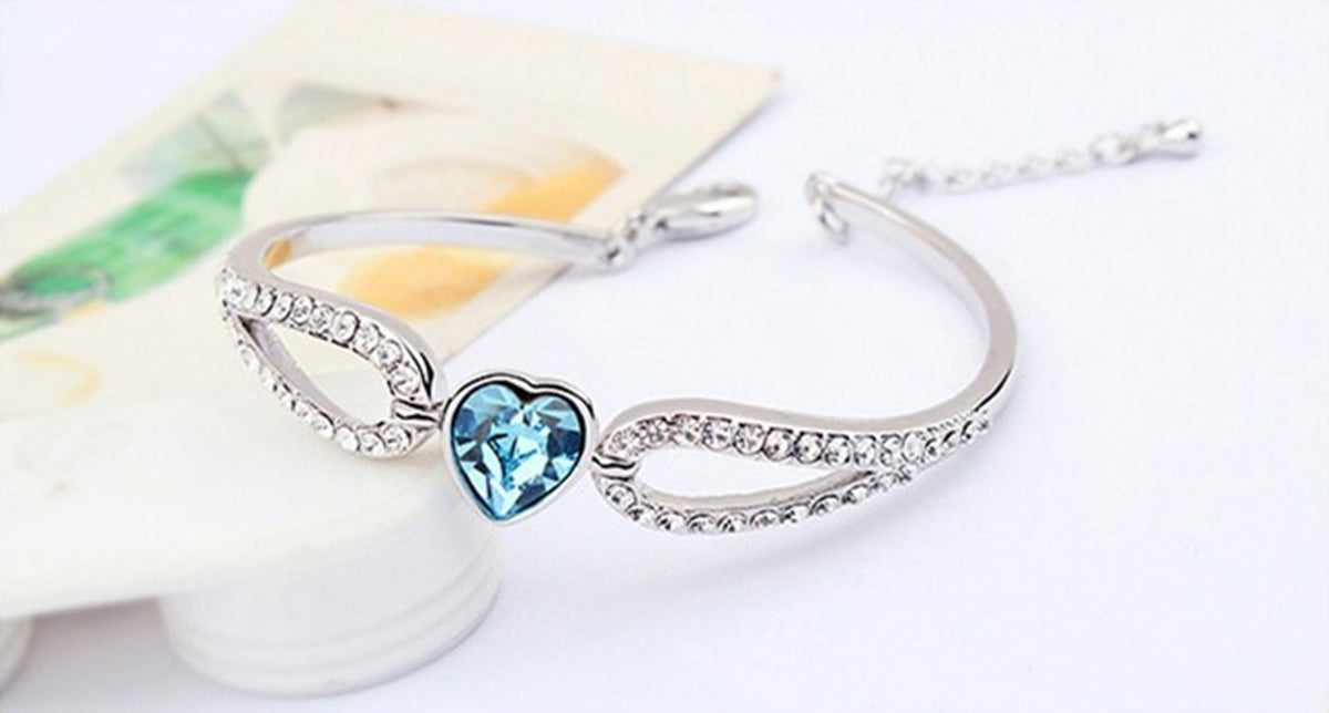 Heart Crystal Cuff Bracelet 925 Sterling Silver Coated with Crystal Hold and White Sparkling Stone-Embellished Love Bands - Aquamarine Sea Blue