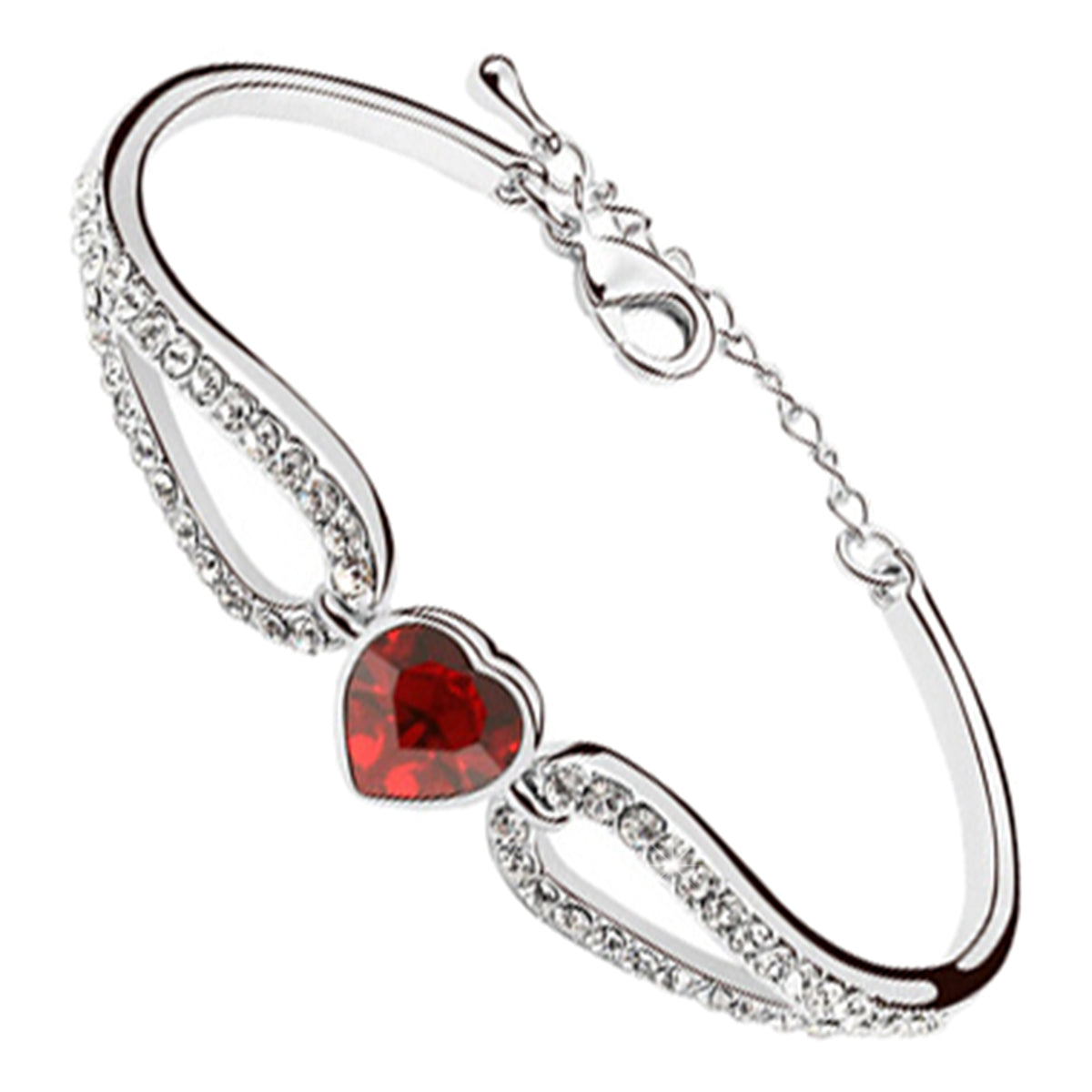 Heart Crystal Cuff Bracelet 925 Sterling Silver Coated with Crystal Hold and White Sparkling Stone-Embellished Love Bands