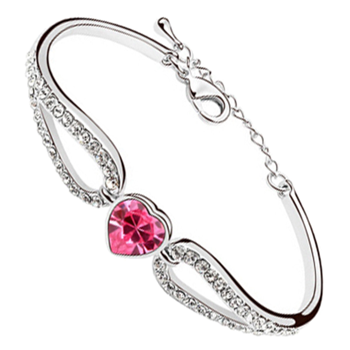 Heart Crystal Cuff Bracelet 925 Sterling Silver Coated with Crystal Hold and White Sparkling Stone-Embellished Love Bands