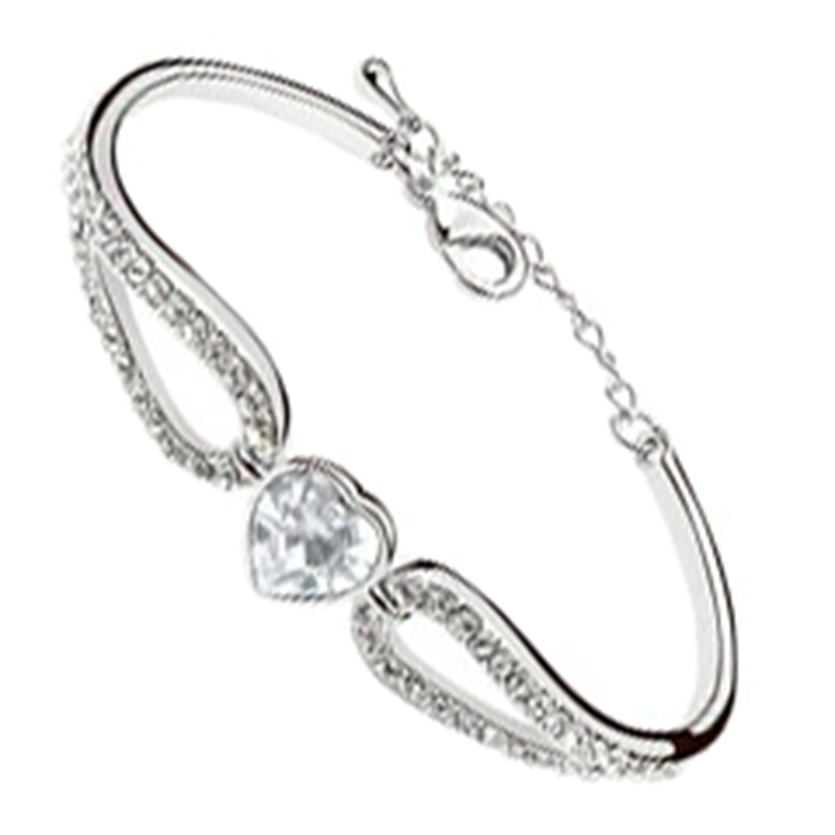 Heart Crystal Cuff Bracelet 925 Sterling Silver Coated with Crystal Hold and White Sparkling Stone-Embellished Love Bands