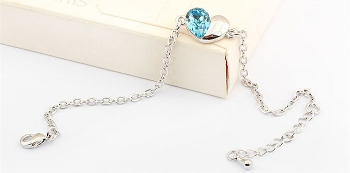 Heart and Teardrop Crystal Links Bracelet 925 Sterling Silver Coated - Aquamarine Sea Blue