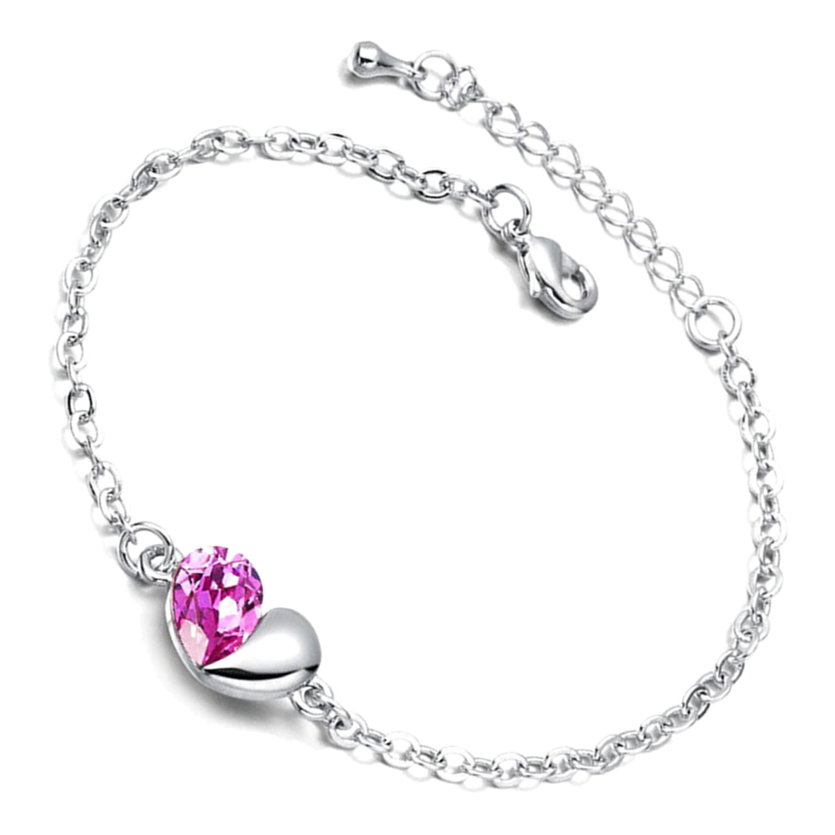 Heart and Teardrop Crystal Links Bracelet 925 Sterling Silver Coated