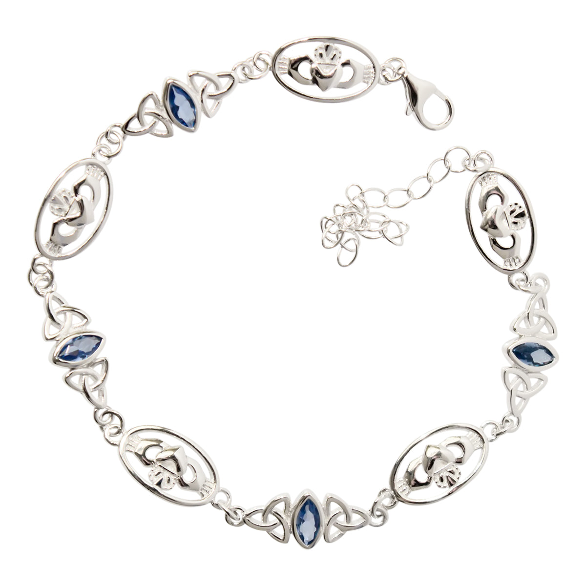 Irish Claddagh and Celtic Trinity Knot Bracelet 925 Sterling Silver with Marquise Crystal Links
