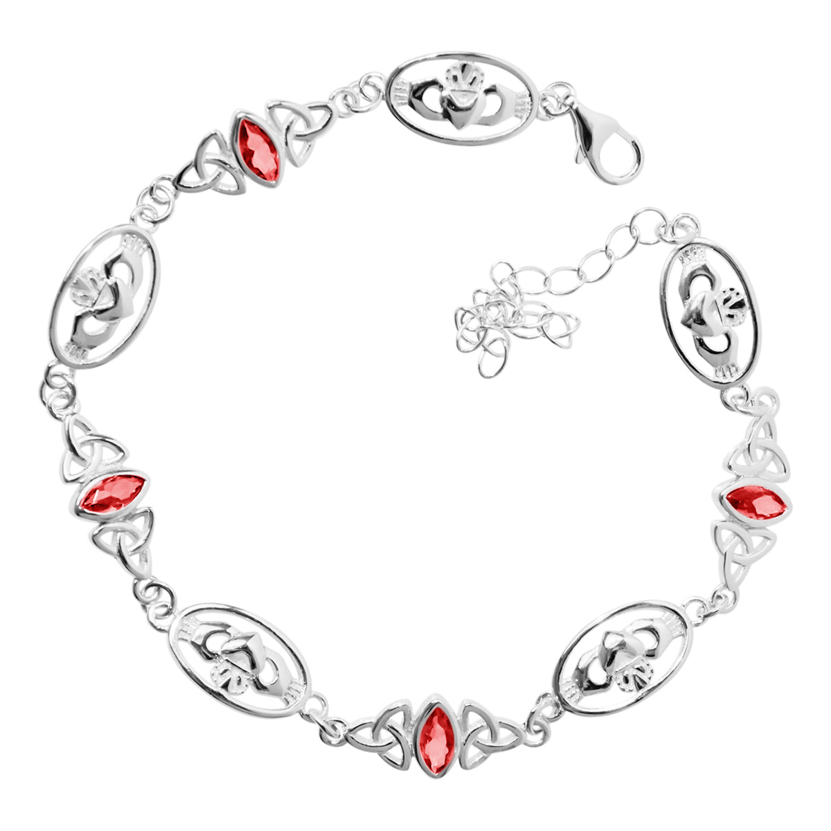 Irish Claddagh and Celtic Trinity Knot Bracelet 925 Sterling Silver with Marquise Crystal Links
