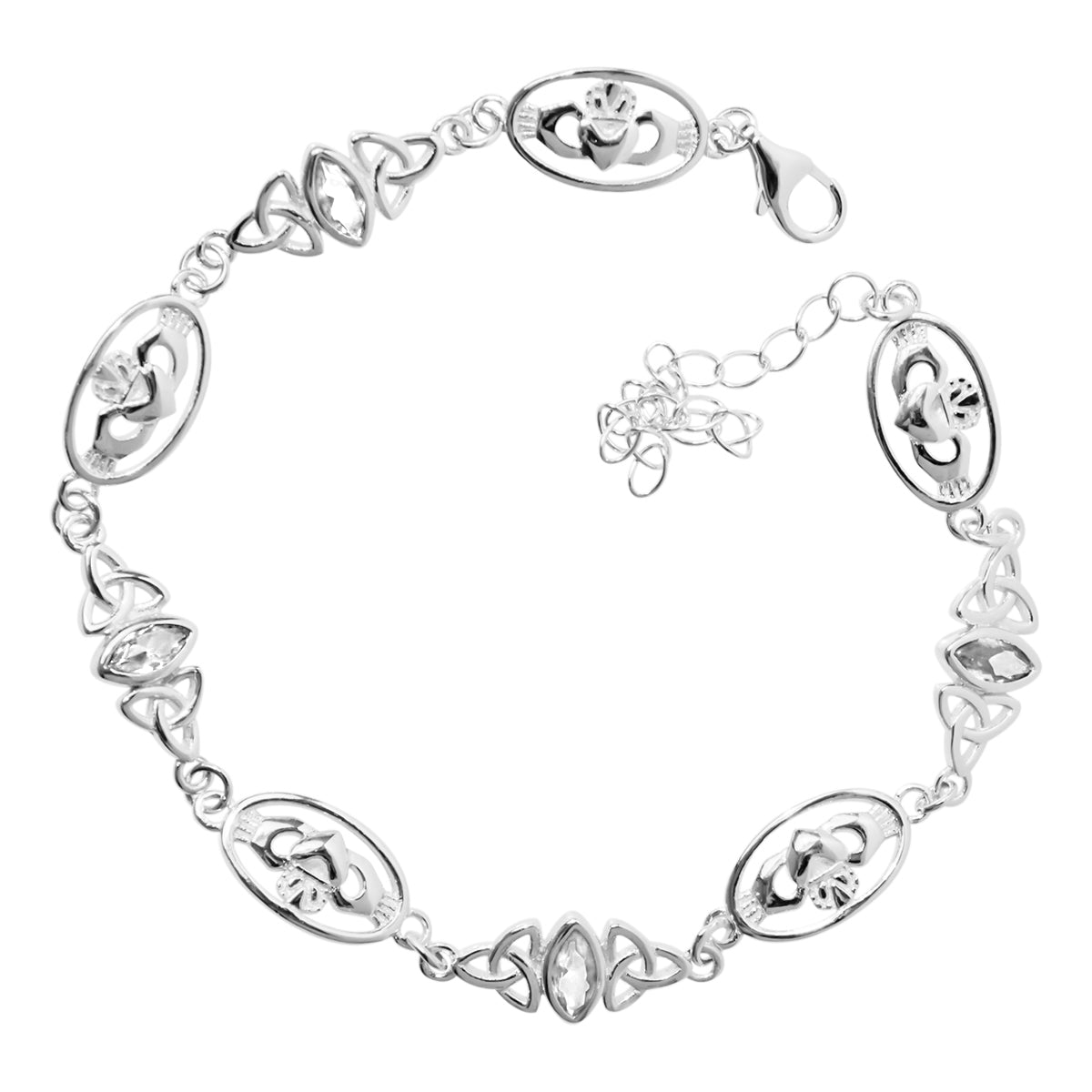 Irish Claddagh and Celtic Trinity Knot Bracelet 925 Sterling Silver with Marquise Crystal Links