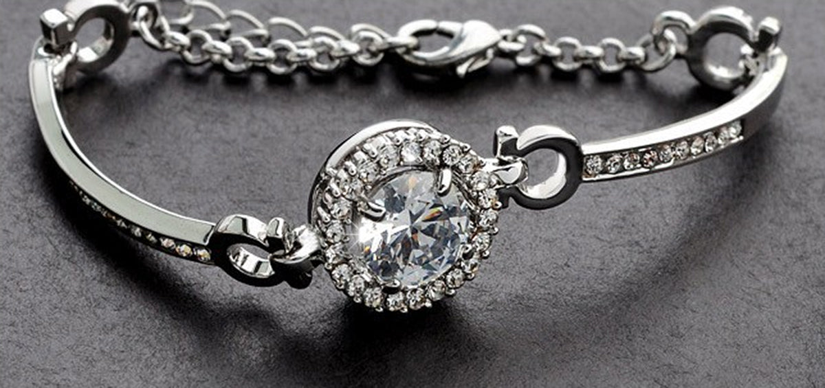 Charm Ladies Bracelet Diamond Clear AAA Zircon Central Crystal with Omega Shaped Links Coated with Precious Metal - Sterling Silver