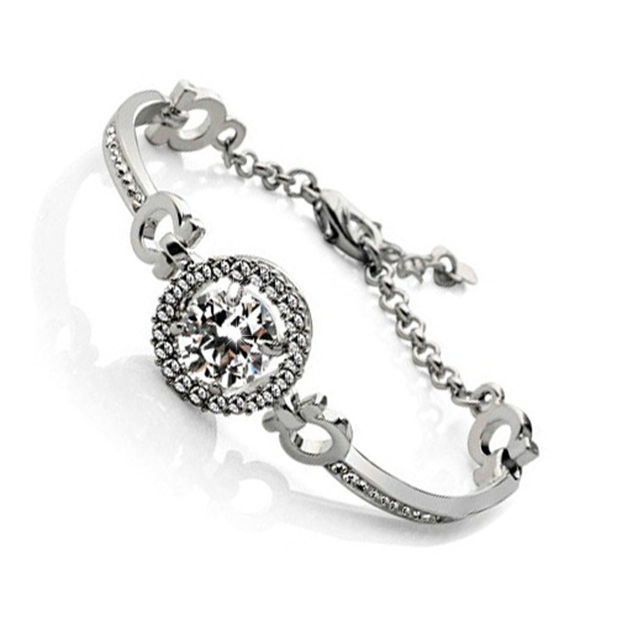 Charm Ladies Bracelet Diamond Clear AAA Zircon Central Crystal with Omega Shaped Links Coated with Precious Metal