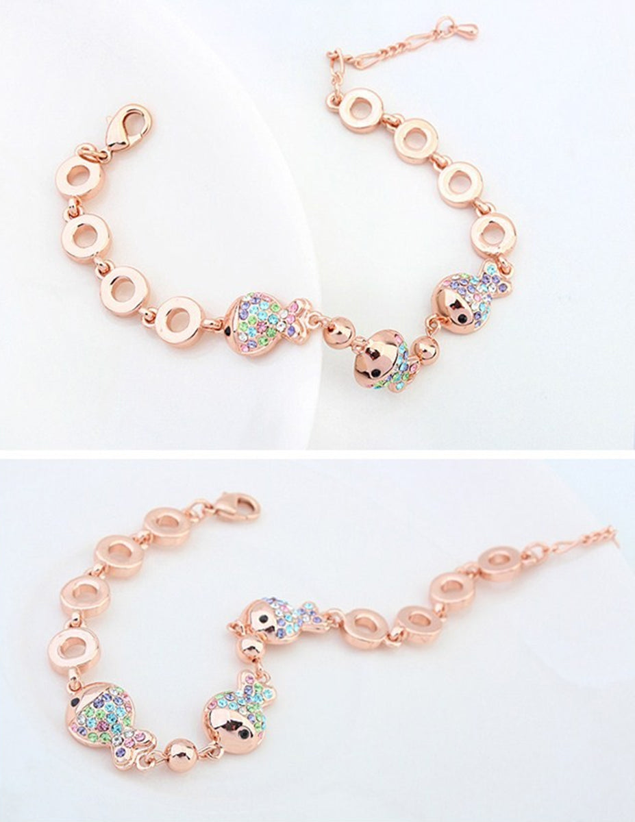 Multicolor Stone Fish Charm Bracelet 18K Yellow Gold Coated with Delicate Chains