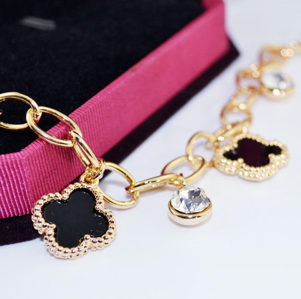 Black Pendant and White Crystal Chain Bracelet 18K Yellow Gold Coated