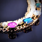 Triple Strand Bracelet 18K Yellow Gold Coated Chain with Pearls String and Crystal Links
