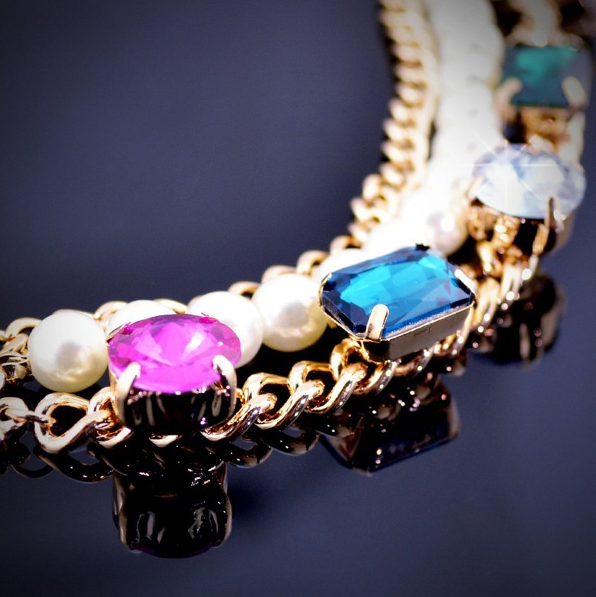 Triple Strand Bracelet 18K Yellow Gold Coated Chain with Pearls String and Crystal Links