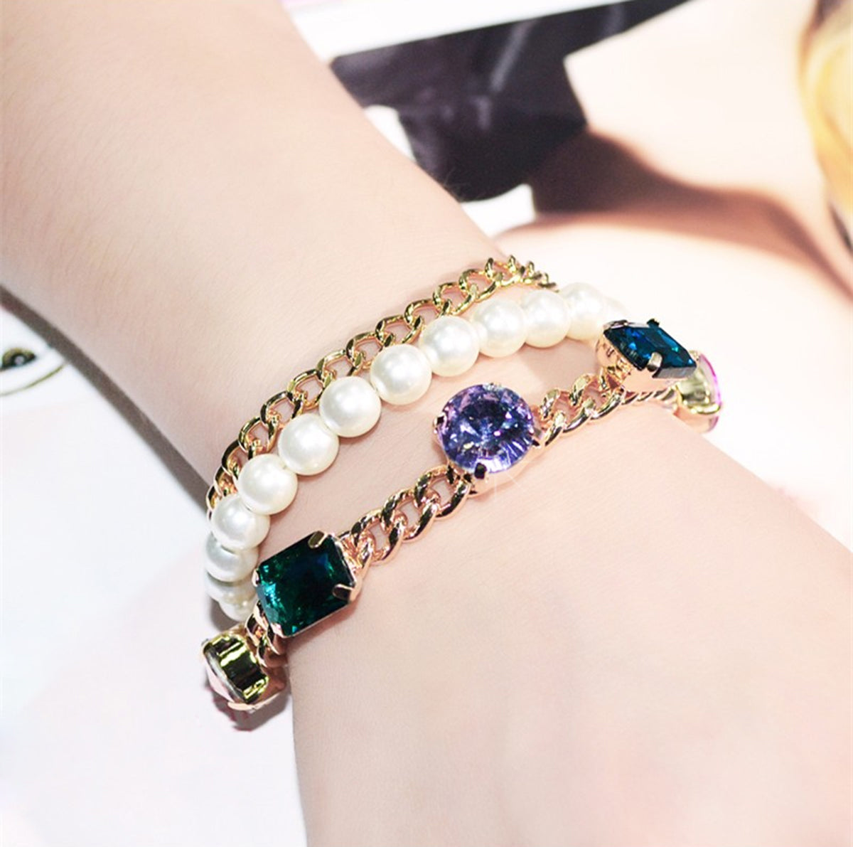 Triple Strand Bracelet 18K Yellow Gold Coated Chain with Pearls String and Crystal Links