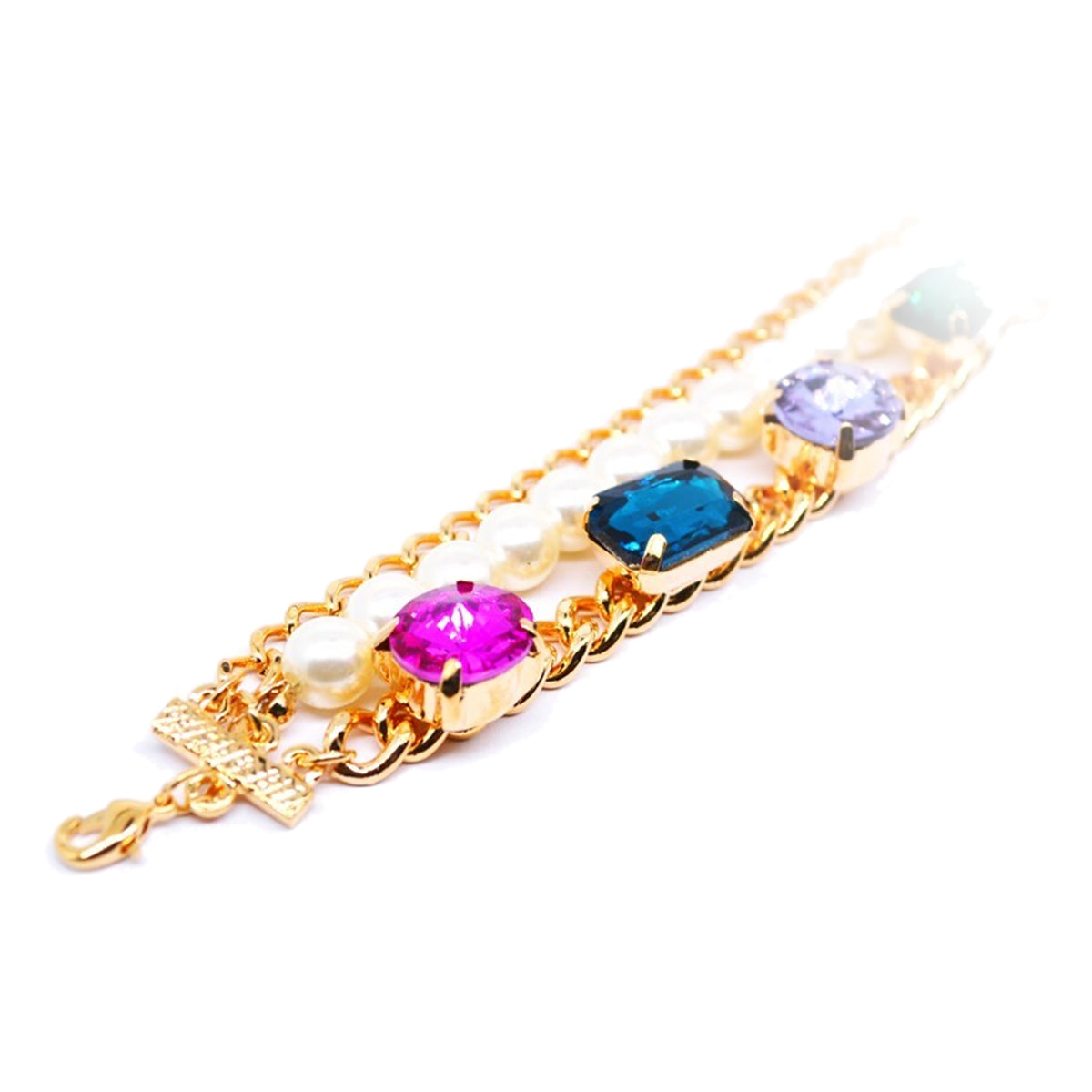 Triple Strand Bracelet 18K Yellow Gold Coated Chain with Pearls String and Crystal Links