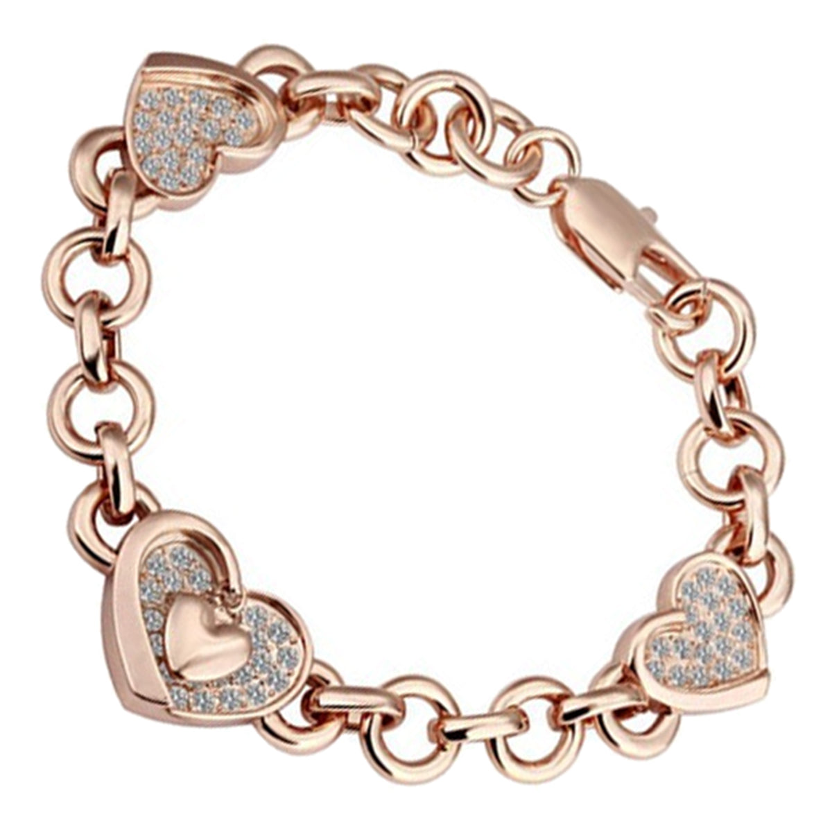 Heart-Shaped Chain Bracelet 18K Rose Gold Coated with White Crystal-Adorned Ring Links