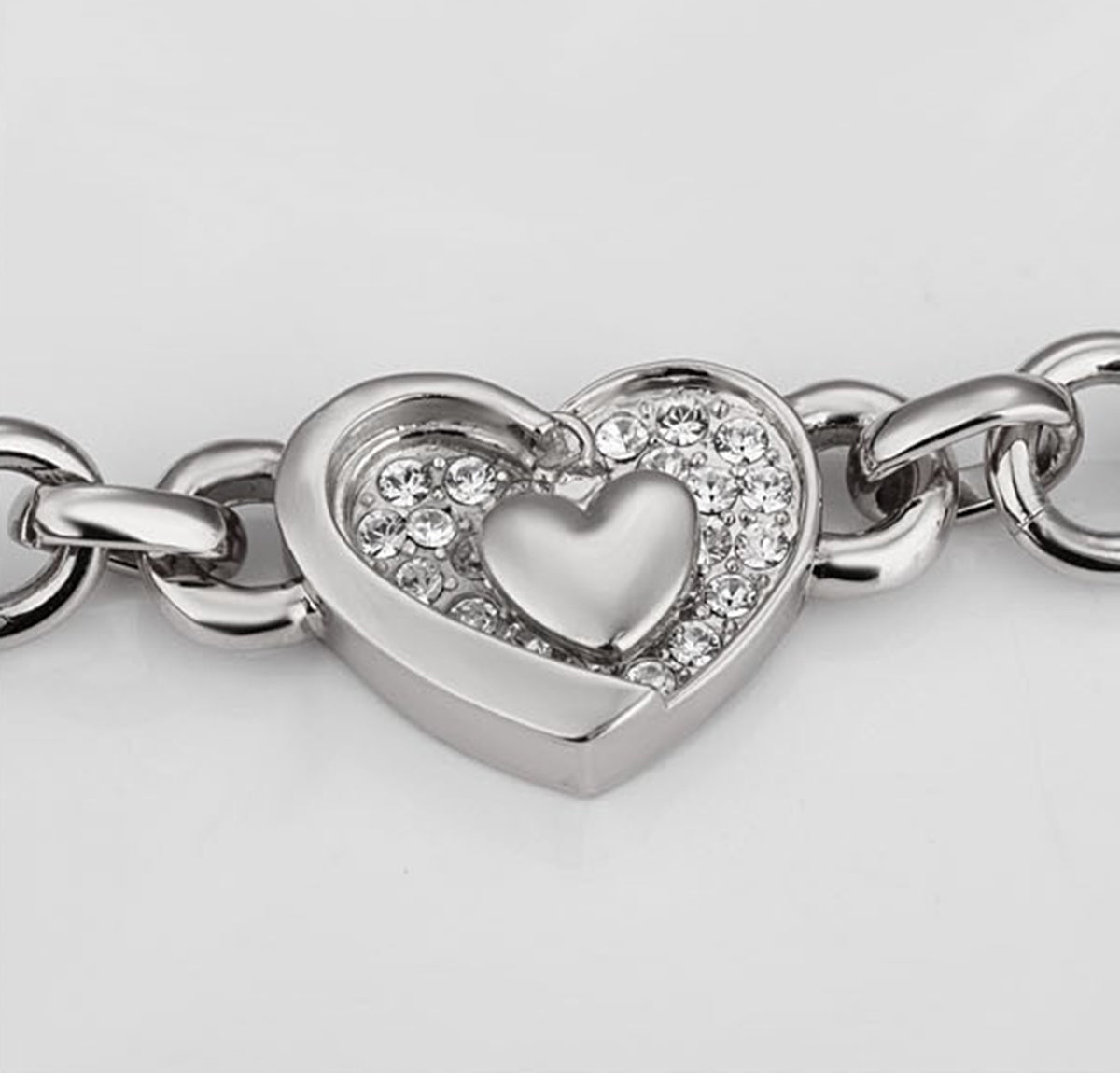 Heart-Shaped Link Bracelet 18K White Gold Coated with White Crystal-Adorned Chains