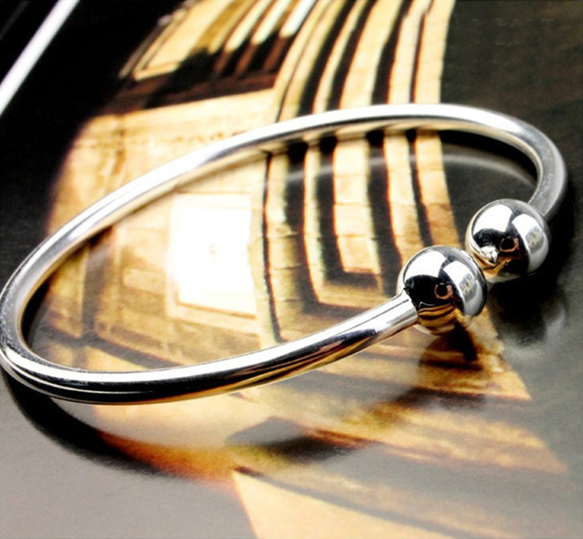 Circle Hoop Bangle Bracelet 925 Sterling Silver with Adjustable Ring Ending and 2 Ball Accents