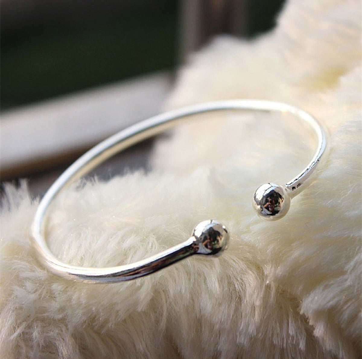 Circle Hoop Bangle Bracelet 925 Sterling Silver with Adjustable Ring Ending and 2 Ball Accents