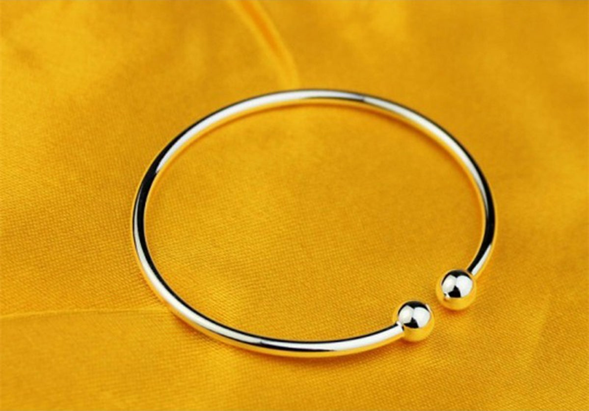 Circle Hoop Bangle Bracelet 925 Sterling Silver with Adjustable Ring Ending and 2 Ball Accents