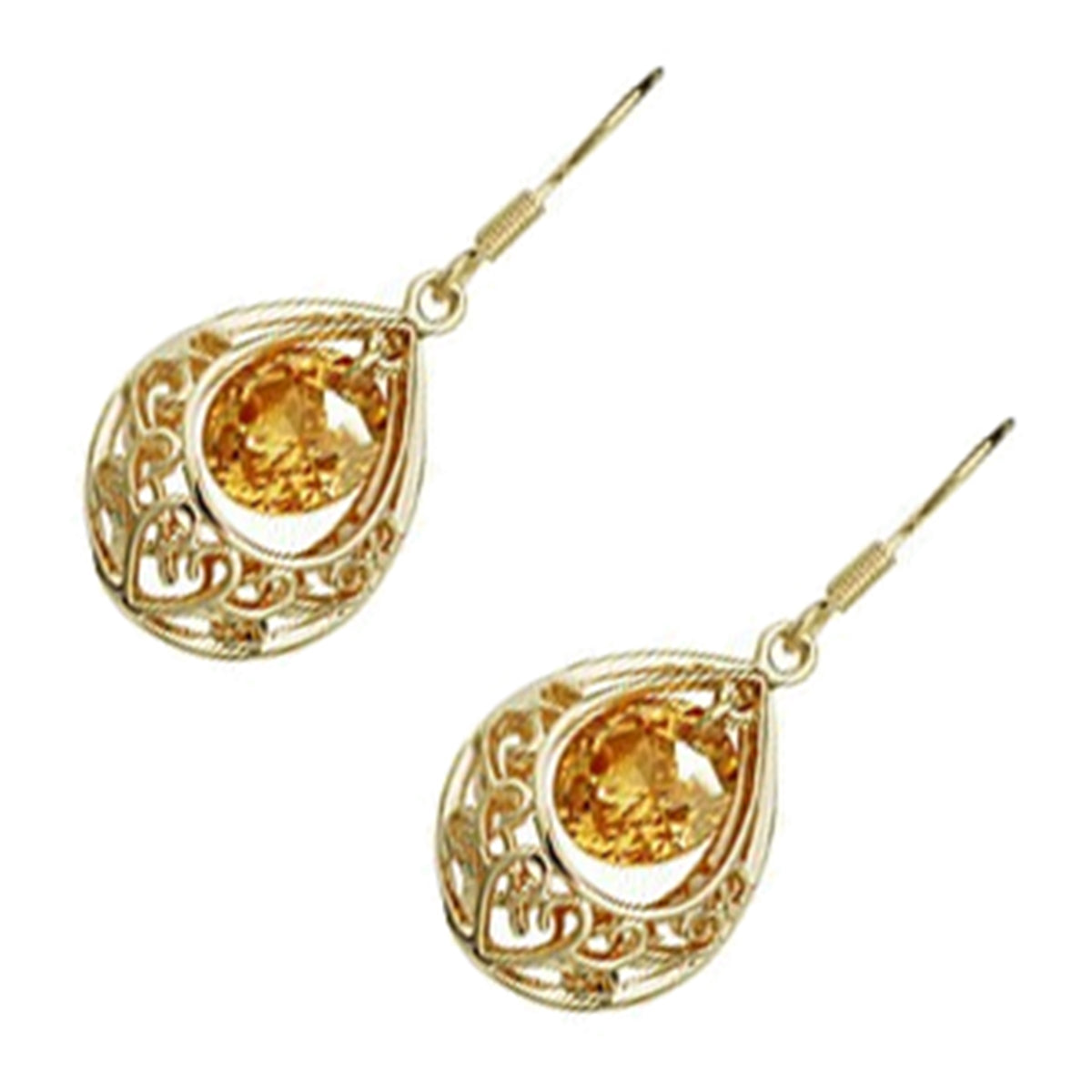 Vintage Filigree Teardrop Earrings 18K Yellow Gold Coated with Round Zircon Stone