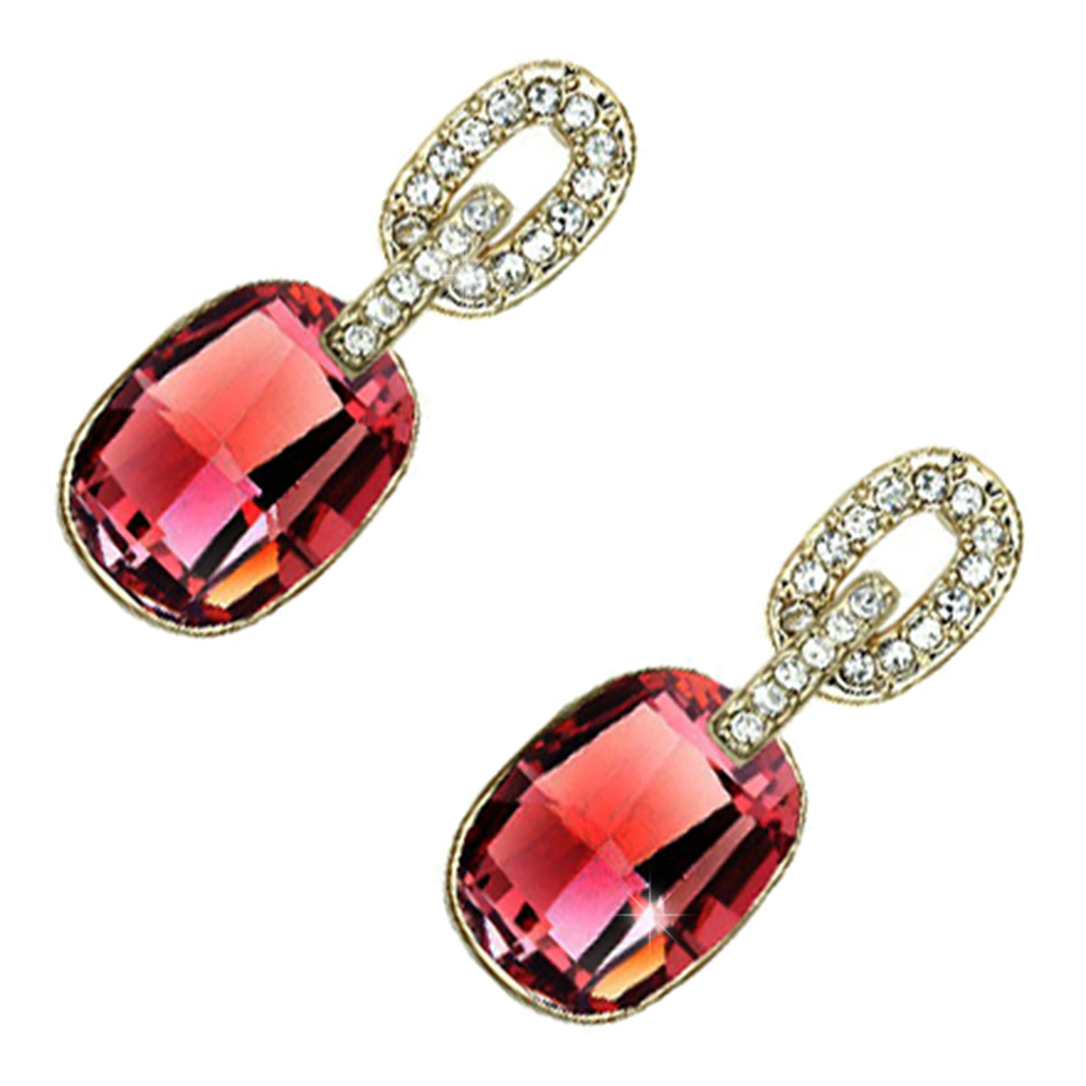 Festive Drop Earrings 18K Yellow Gold Coated with Rectangular Cut Crystals and Sparkling White Stone-Embellished Oval Band