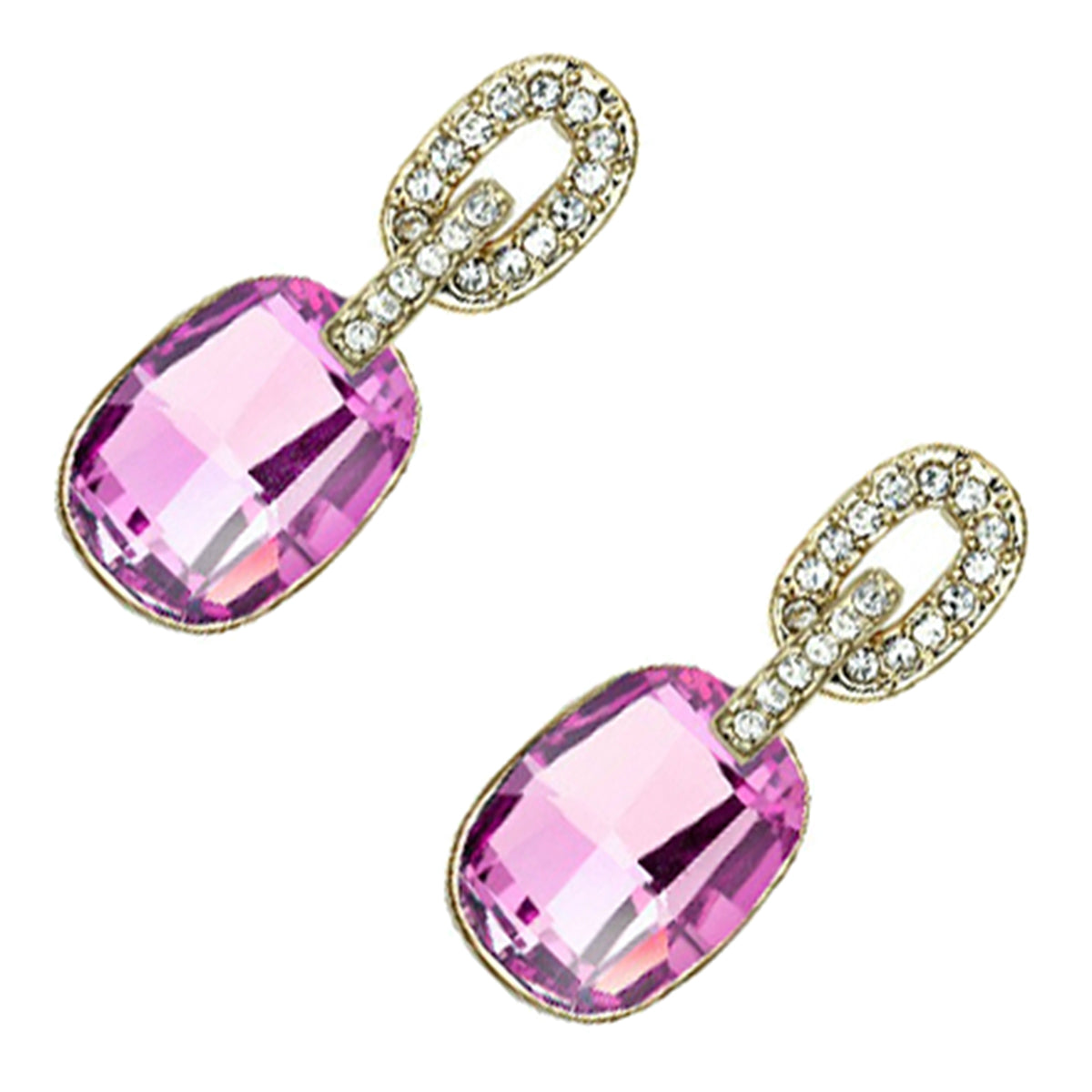 Festive Drop Earrings 18K Yellow Gold Coated with Rectangular Cut Crystals and Sparkling White Stone-Embellished Oval Band