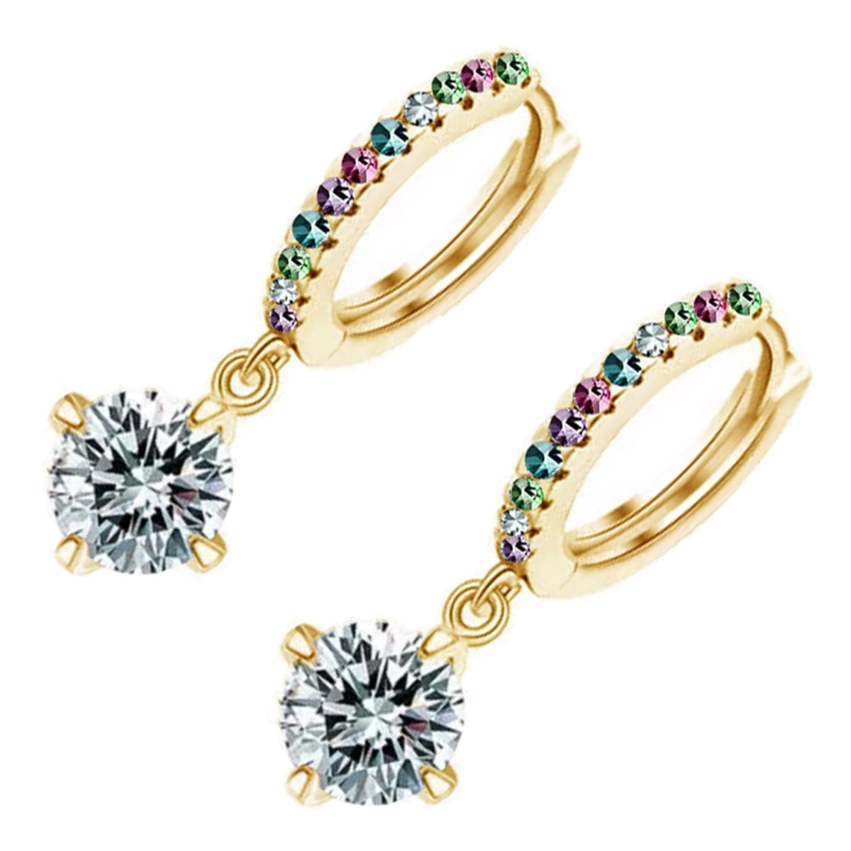 Circle Hoop Earrings 18K Yellow Gold Coated with Round Sparkling Diamond Clear Crystal Pendant and Stone-Embellished Circle