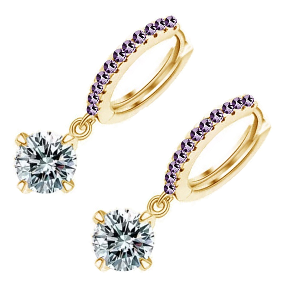Circle Hoop Earrings 18K Yellow Gold Coated with Round Sparkling Diamond Clear Crystal Pendant and Stone-Embellished Circle